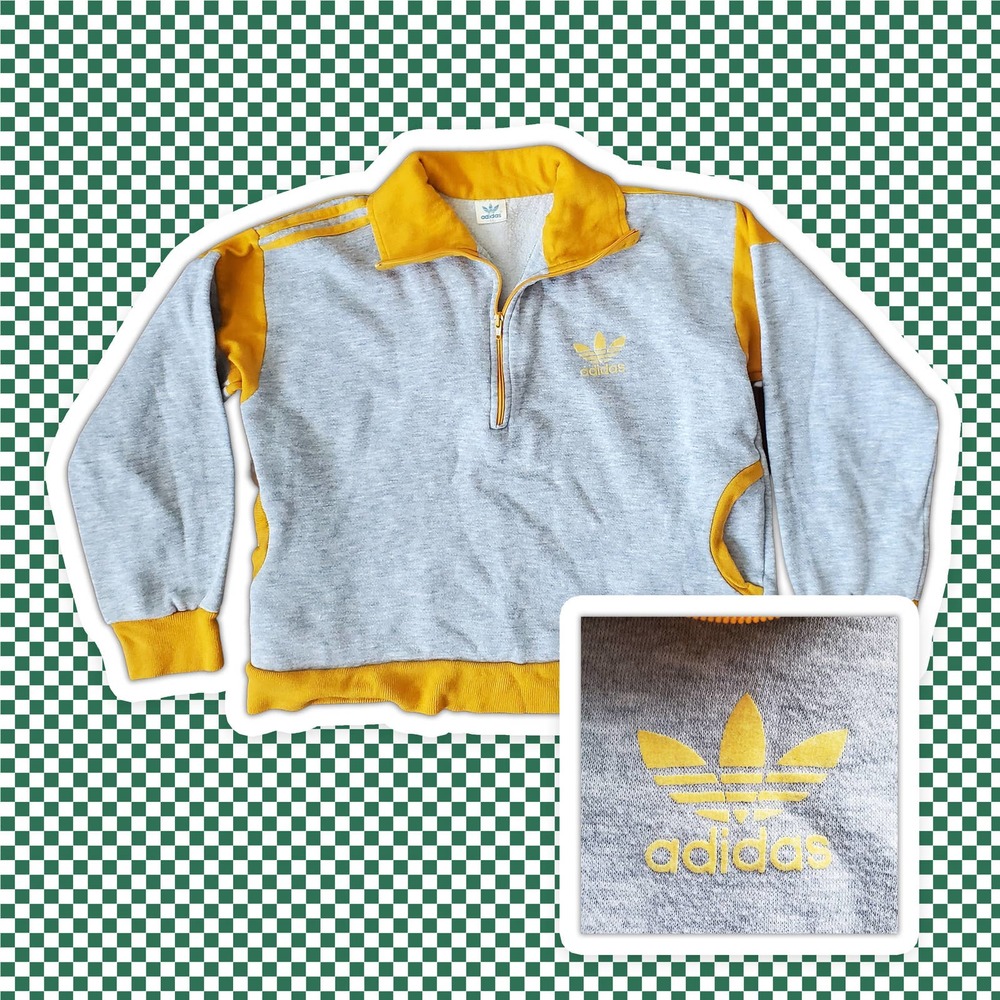 VTG 80s Adidas Gray and Golden Yellow Striped Pullover Half Zip Sweatshirt Sz XL